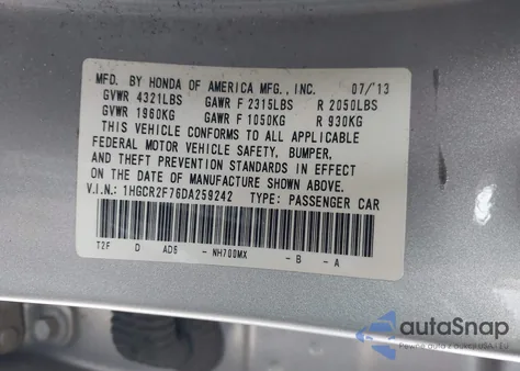 2013 Honda Accord Ex from USA, damaged, VIN 1HGCR2F76DA259242